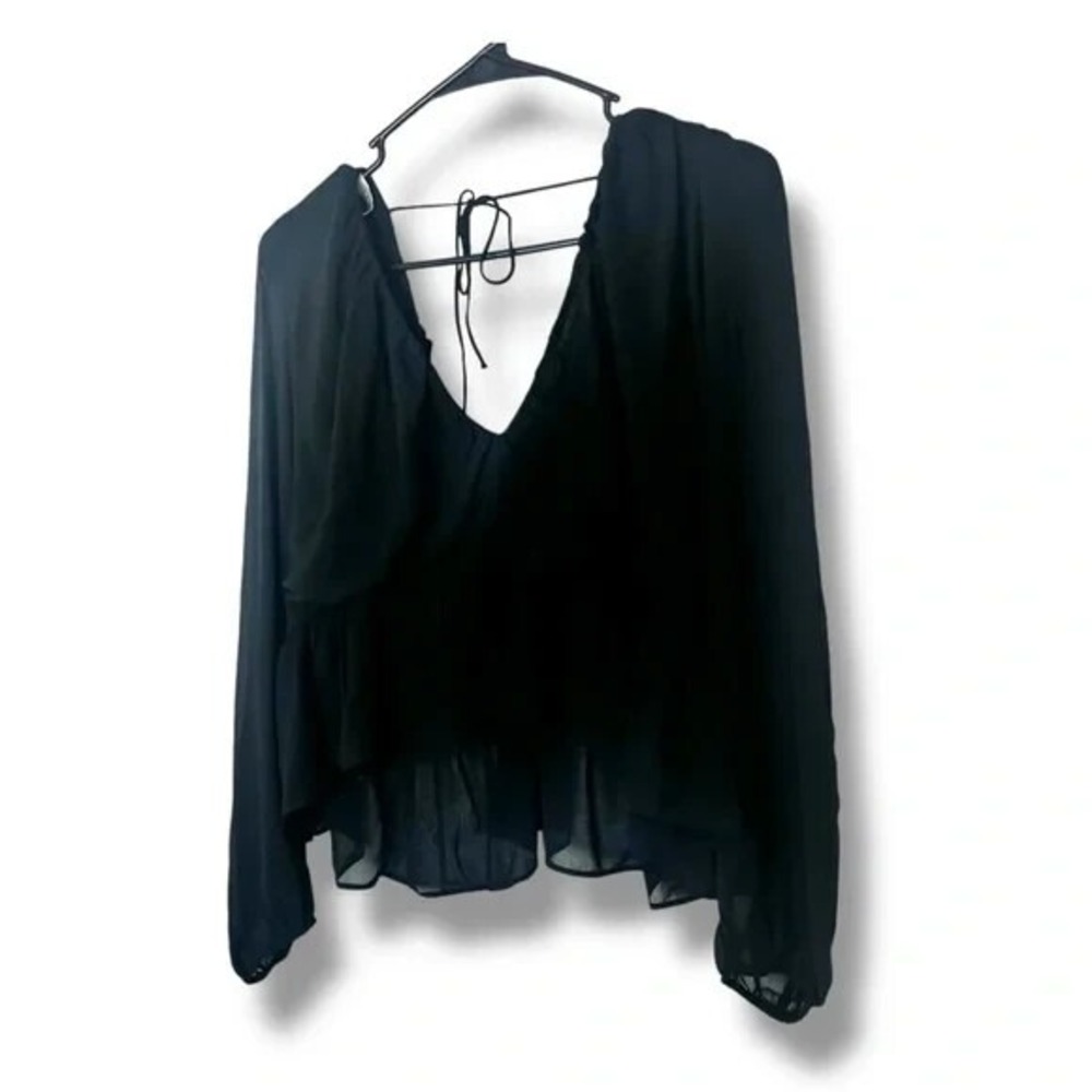 H&M Black Semi Sheer Ruffle Cropped Blouse Size XXL New